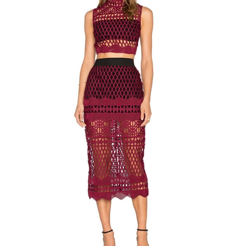 Self-Portrait Red Midi Skirt Cut Out Lace Pencil Skirt New Size 2